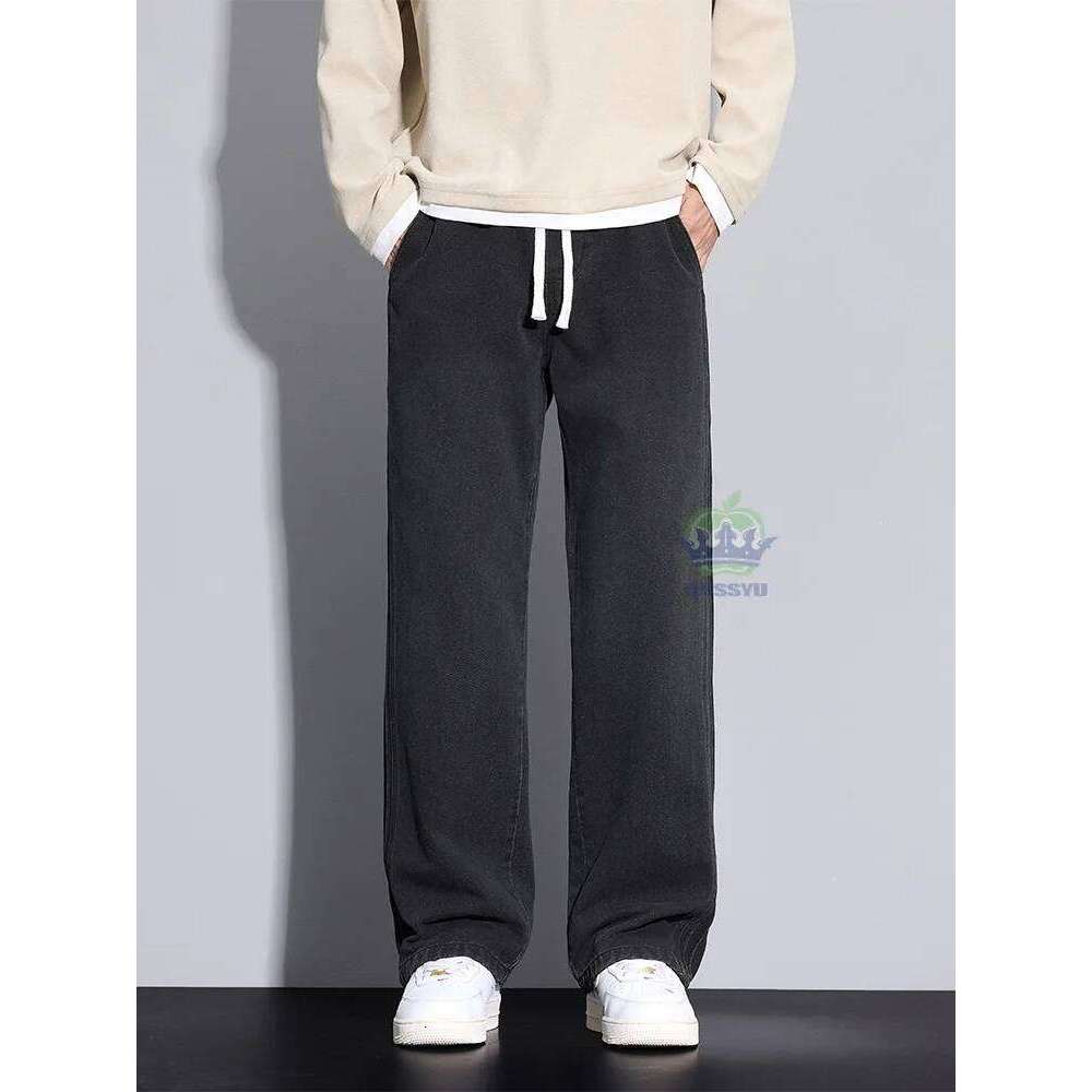 OUSSYU Brand Clothing Fashion Side Wrinkles Jeans Men Baggy Denim Pants Jogger Work Wide Leg Blue Trousers Male Large Size 5XL Z260225