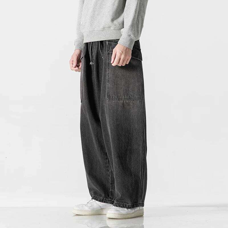 2023 Straight Denim Men Blue Loose Trousers Male Causal Oversize Wide Leg Pants Elastic Waist Black Jeans Z260225