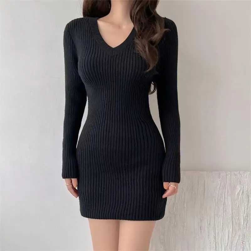Fashion Korean Elegant Long Sleeve V-neck Dress Womens Autumn and Winter Sexy Spicy Girl Slim Mini Dresses Bodycon M260311