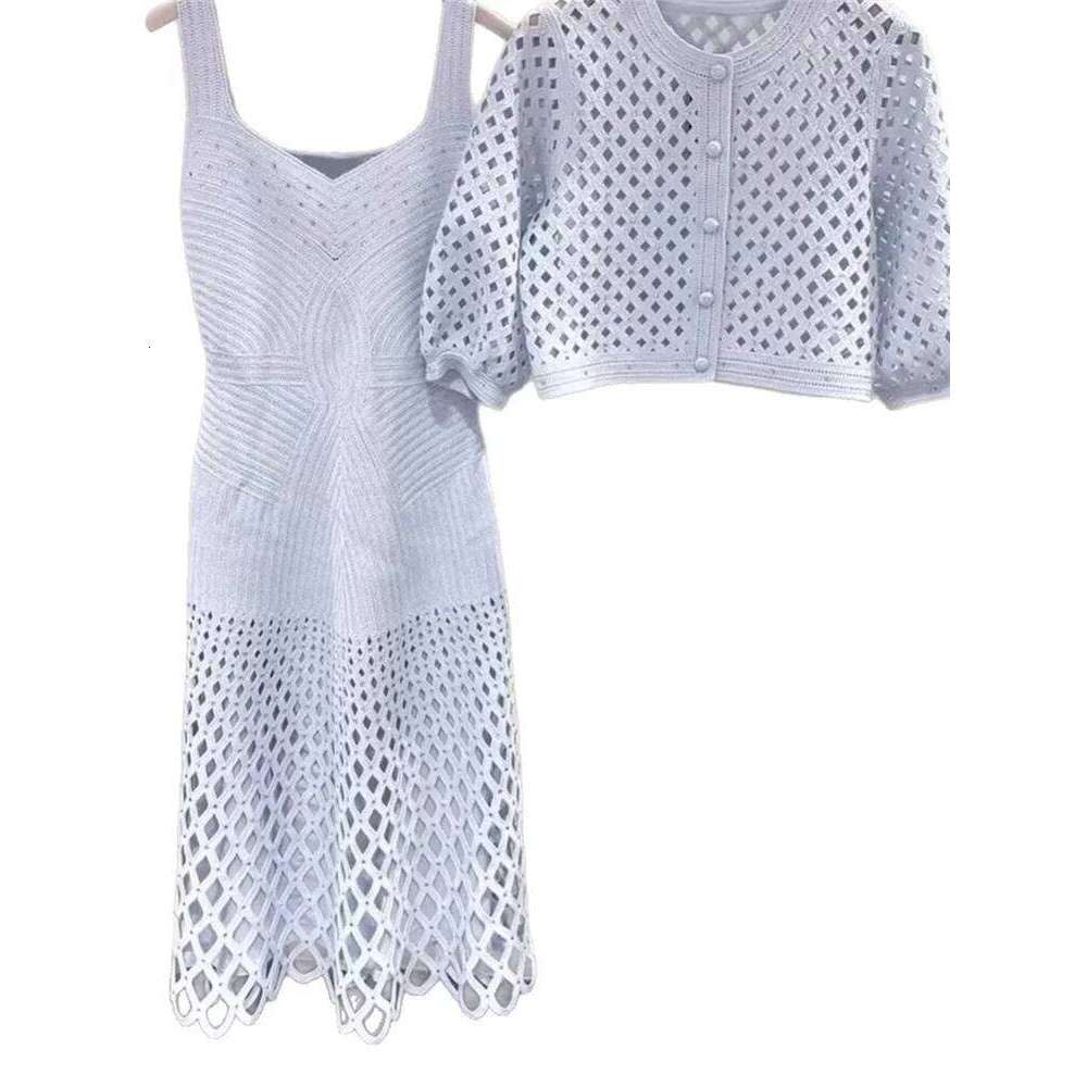 New Women's Heavy Industry Diamond Decoration Hollow Knitted Cardigan Coat Strap Dress Set Mdng260311