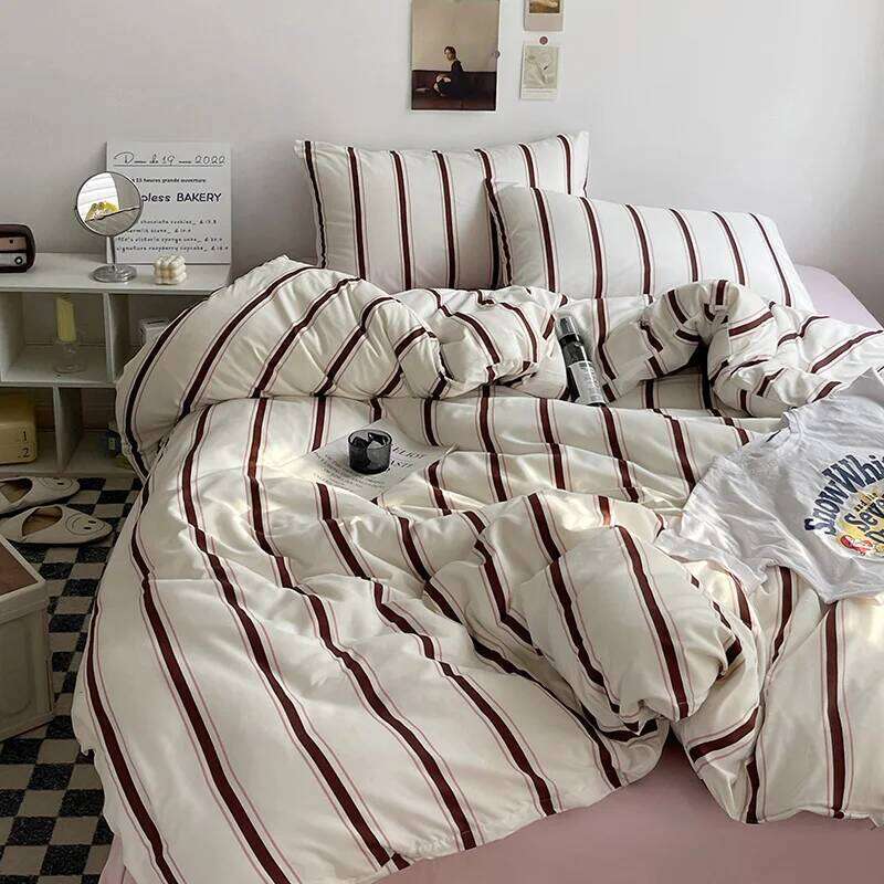 Linen Sheets Stripes Duvet Suit Set Cover Bed Sheet Quilt Queen Size INS Blogger Comforter Sets H260311