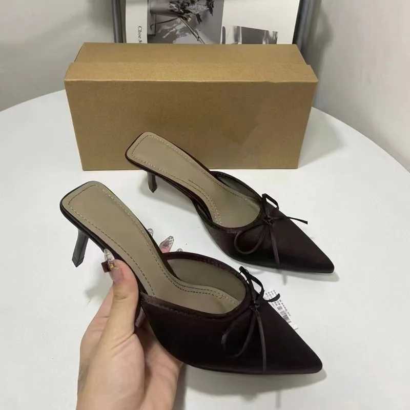 2025 Summer Womens New Butterfly Bow High Heels Muller Shoes Ladies Singles Pointed Toe Head Slippers Thin Heels Large Size K260311