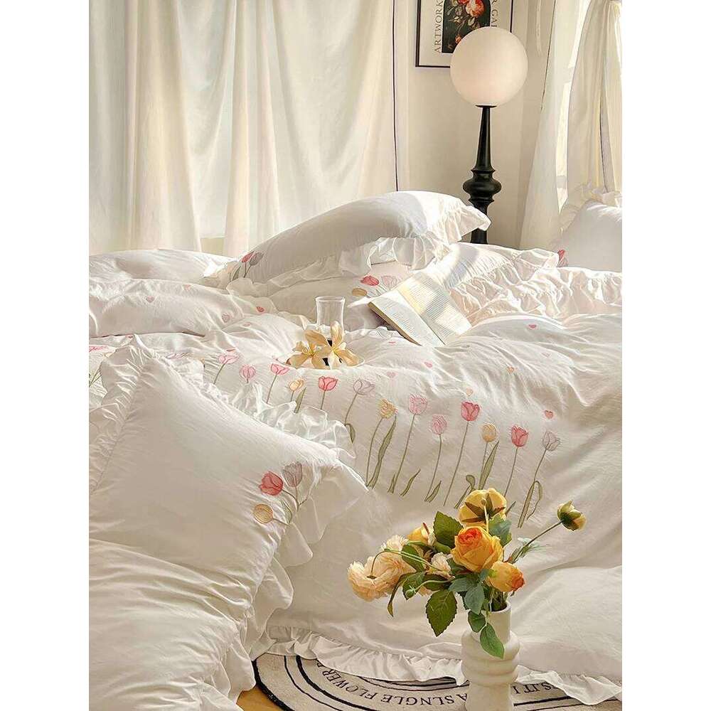 Size Comforter cover Set, 3 PCS tulip embroidery with ruffles Pattern, Soft All Season King Bedding Set H260311