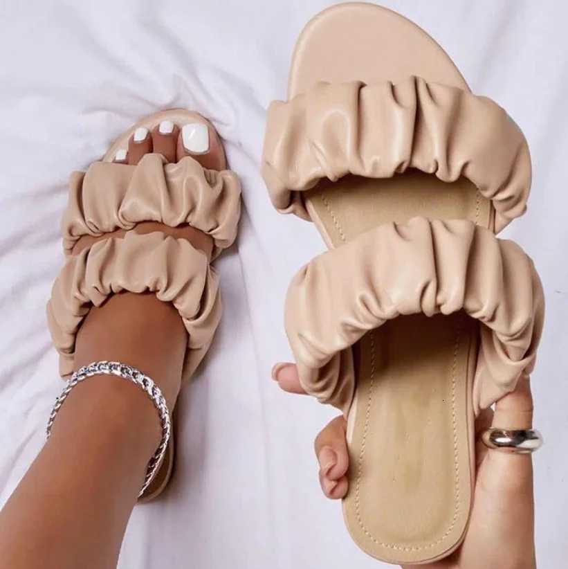 2024 womens summer new double-layer leather sandals pleated flat bottomed womens outdoor beach outdoor slippers K260311
