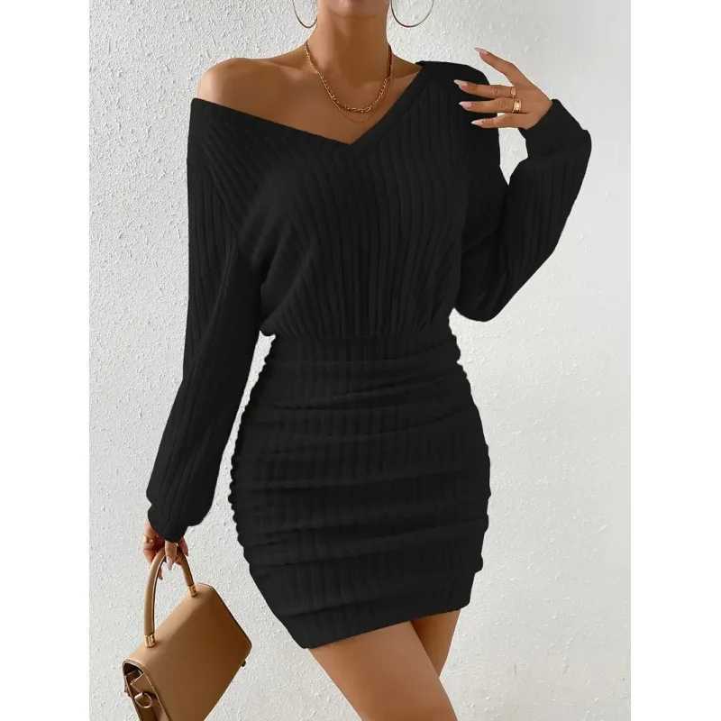 Womens Autumn Winter Knitted Sweater Mini Dress Female Casual Solid Wrap V-neck Long Sleeve Warm Bodycon Short Dresses Robe M260311