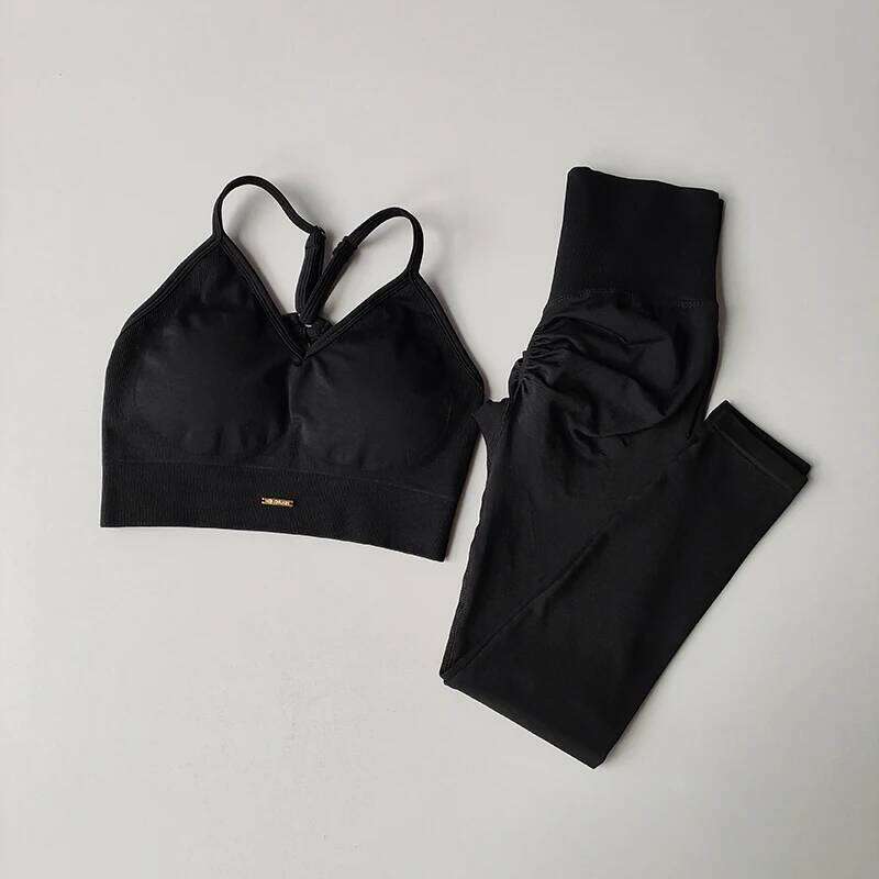 Seamless Hip Lifting Fitness Women's V-neck Bra Leggings Yoga Set Quick Drying Exercise Iron Massage High Fat Tight Pants 26H0311