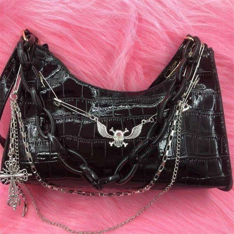 Gothic Dark Punk Underarm With Skull Shoulder Y2k Chain Crocodile Pattern Crossbody Bag Korean Popular Aesthetic Bags XJ260311