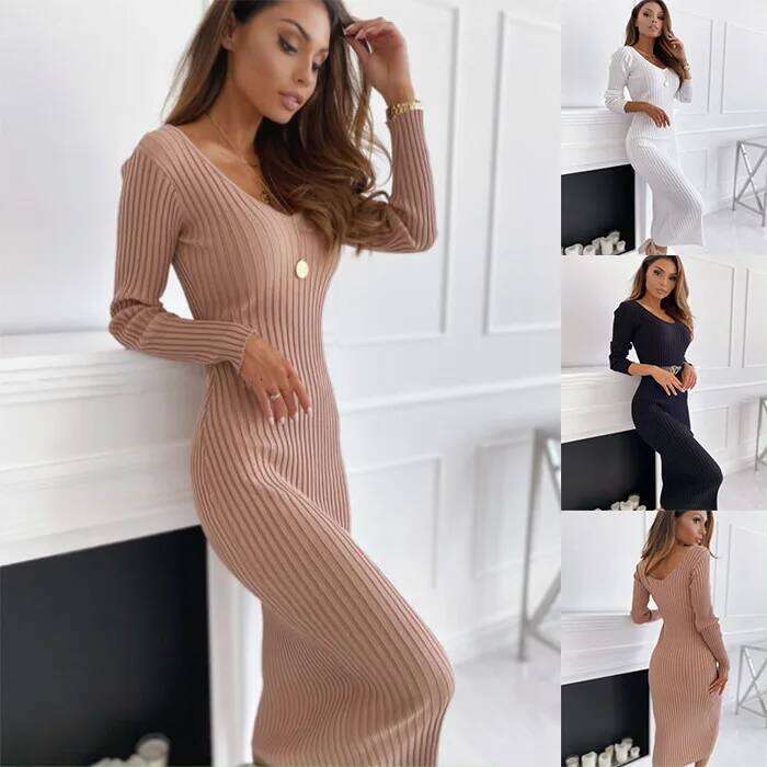 Spring Women's V-neck Slim Dress Pit Strip Solid Color Sleeves High Waist Fashion Backless Simple Date Long Skirt Z260311