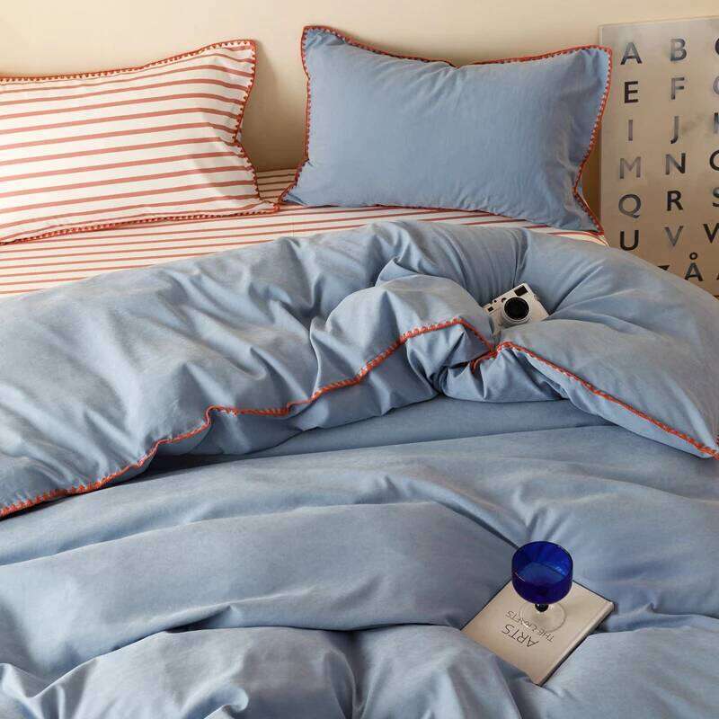 Blue Protein Durable Washed Cotton Bedding Set Striped Color Block Shell Embroidery Comforter Cover with Standard Pillowcases H260311