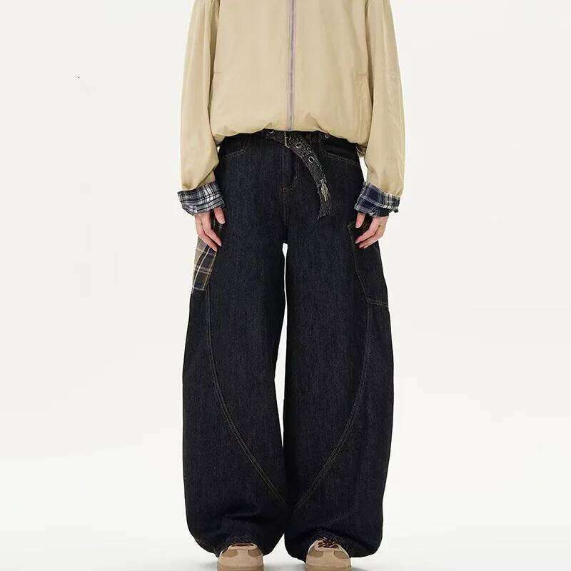 Autumn Vintage Design Large Pockets Curved Knife Workwear For Men'S High Street Jeans Y2k Wide Leg Pant Z260225