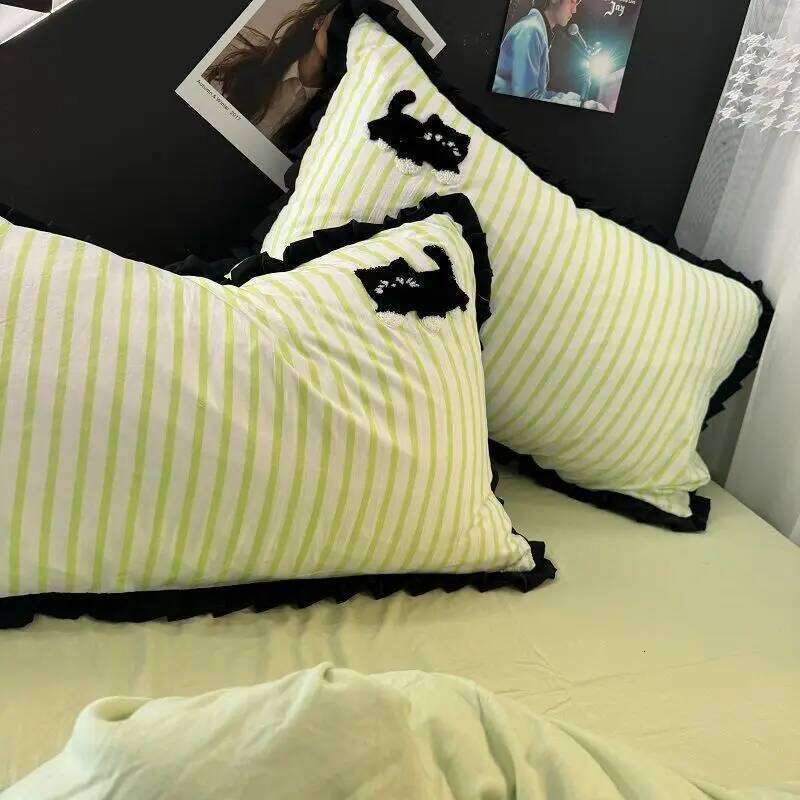 Summer Green Striped Hot Sale Black Cat Four-Piece Set Embroidered Washed Cotton Quilt Cover Bed Sheet People H260311