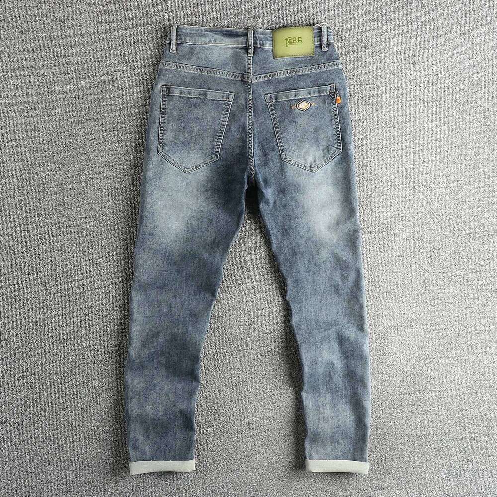 Knitted fabric simple embroidery embellished vintage jeans men slim feet spring summer youth long pants Z260225