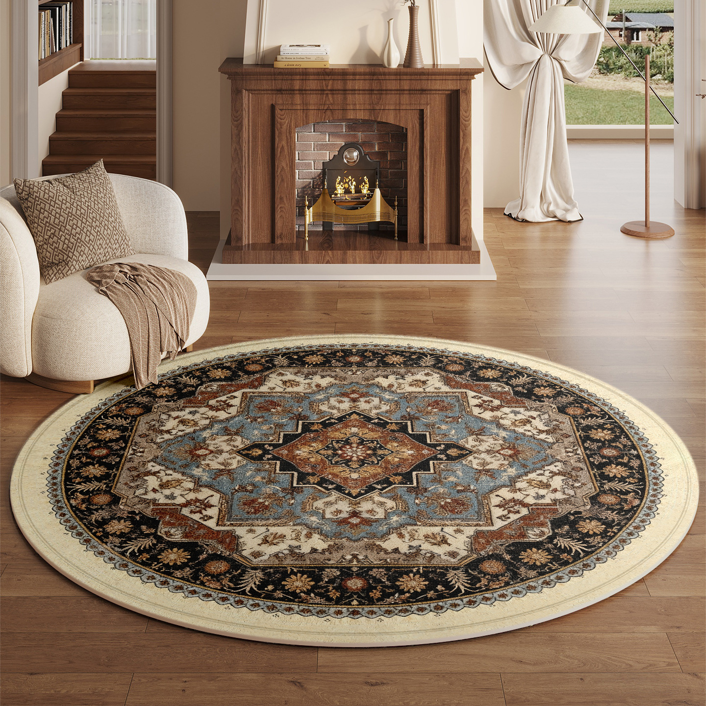 Vintage Light Luxury Bohemian Rug Round Large Grain Living Room Mat Bedroom Bedside Cloakroom Rocking Chair Pad