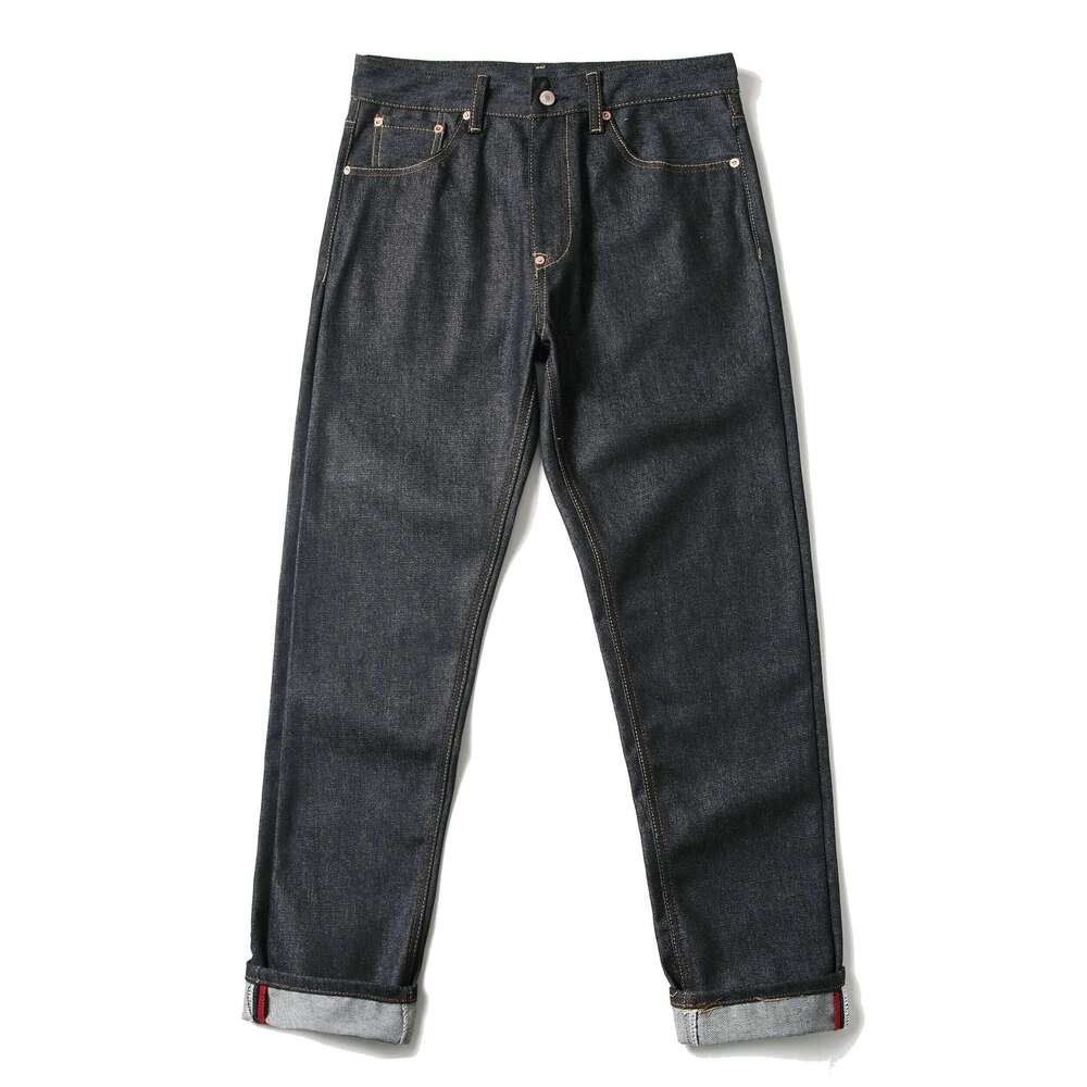 Men's Japanese Handmade Embroidered Cotton Jeans Straight Tube Slim Fit Hip-Hop Trousers Red Ear Detail Devil Big M Golden Text Z260225