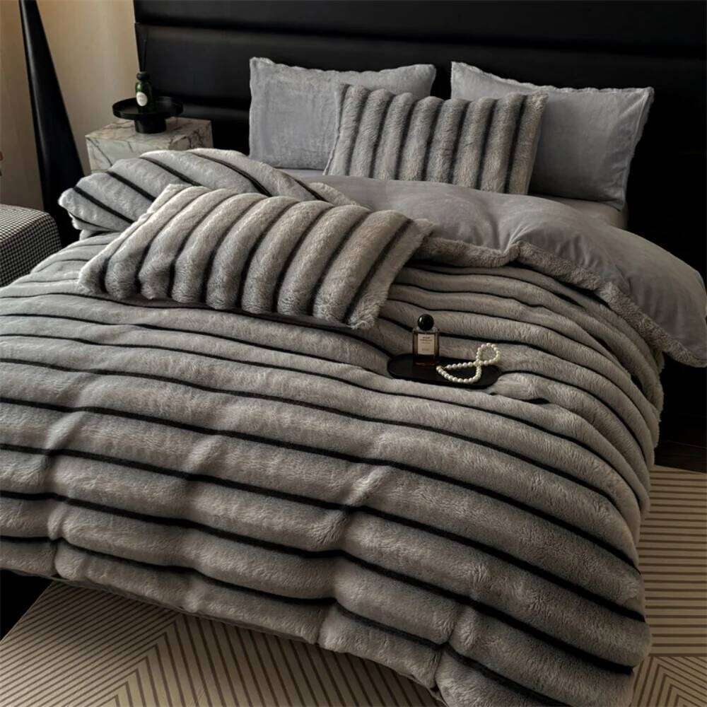 Stripe Bubble Jacquard Rabbit Plush Bedding Soft Quilt Cover Pillowcase Bed Sheet Thicken Winter Coral Fleece Four-Piece Set H260311