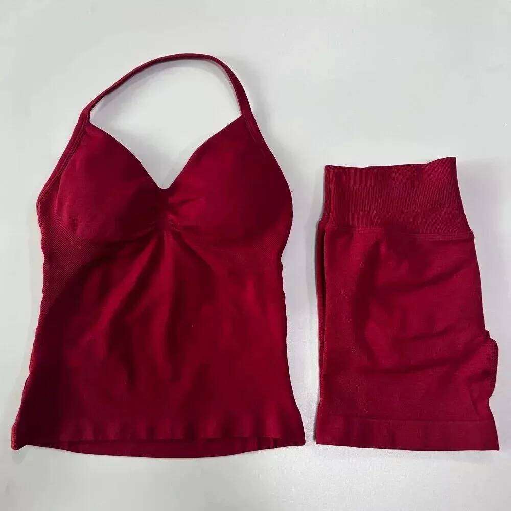 Sexy Halter Neck Beautiful High Waist Peach Sports Bras Shorts Suit Pilates Gathering Yoga Vest Training Fitness Bra Sets 26H0311