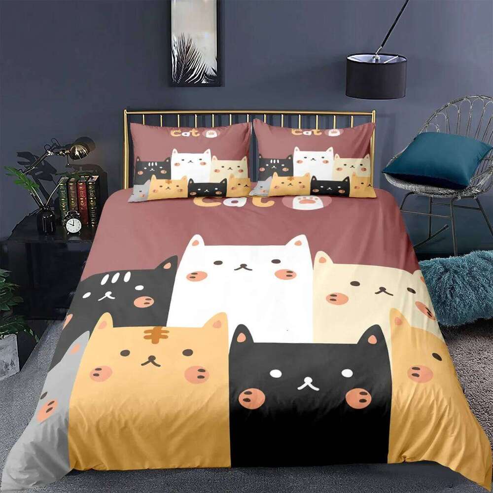 Cat Duvet Cartoon Animal Print Bedding Set With Pillowcase 2/3pcs Comforter Cover For Bedroom Decor H260311