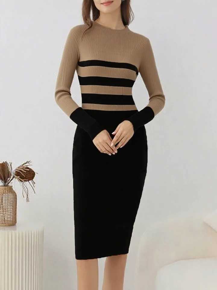 ITOOLIN Women Patchwork Streetwear Dress Long Sleeve Knit Office Lady Elegant Dress Striped Bodycon Dress Fall Holiday Vestido M260311