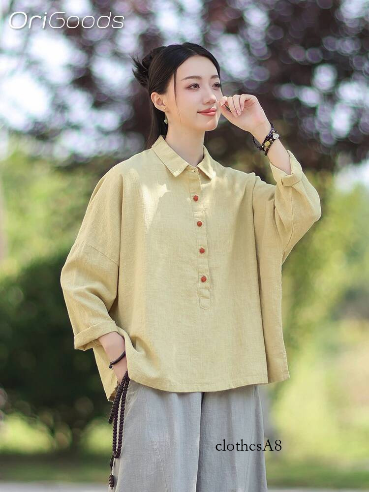 OriGoods Long Sleeve Woman Chinese Oversized Blouse Linen Ramie Cotton Loose Vintage Shirt Zen Style C138