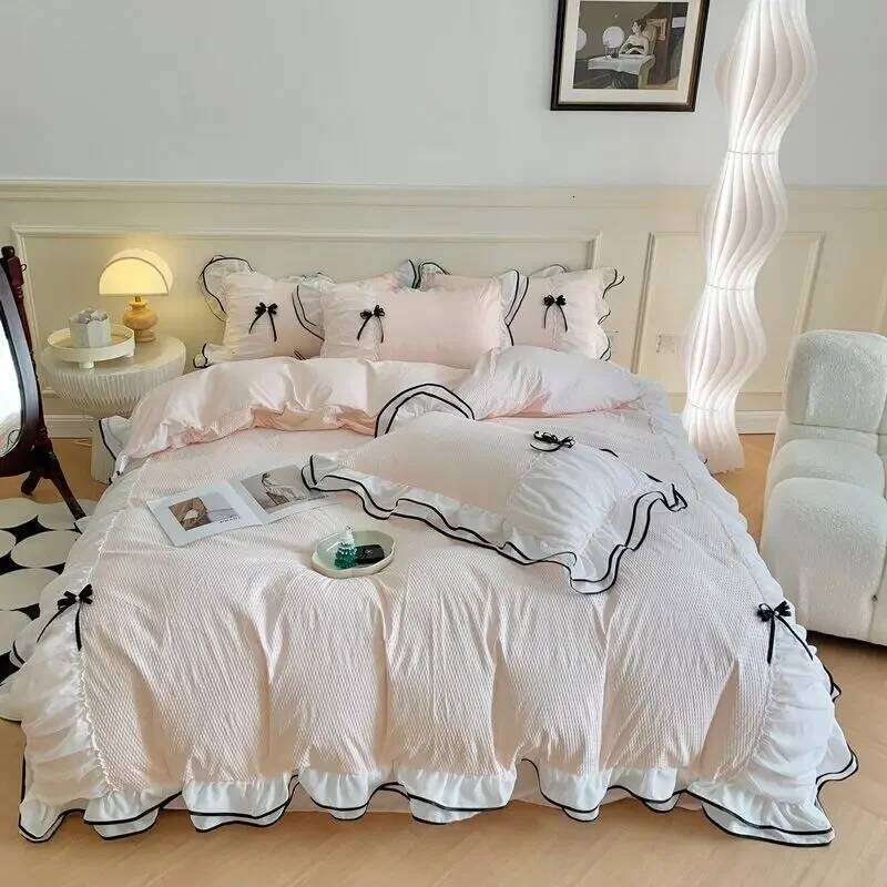Korean Princess White Bedding For Women Double Ruffle Lace Duvet Cover Full Queen Solid Color Comfortable Falt Bed Sheet Set H260311