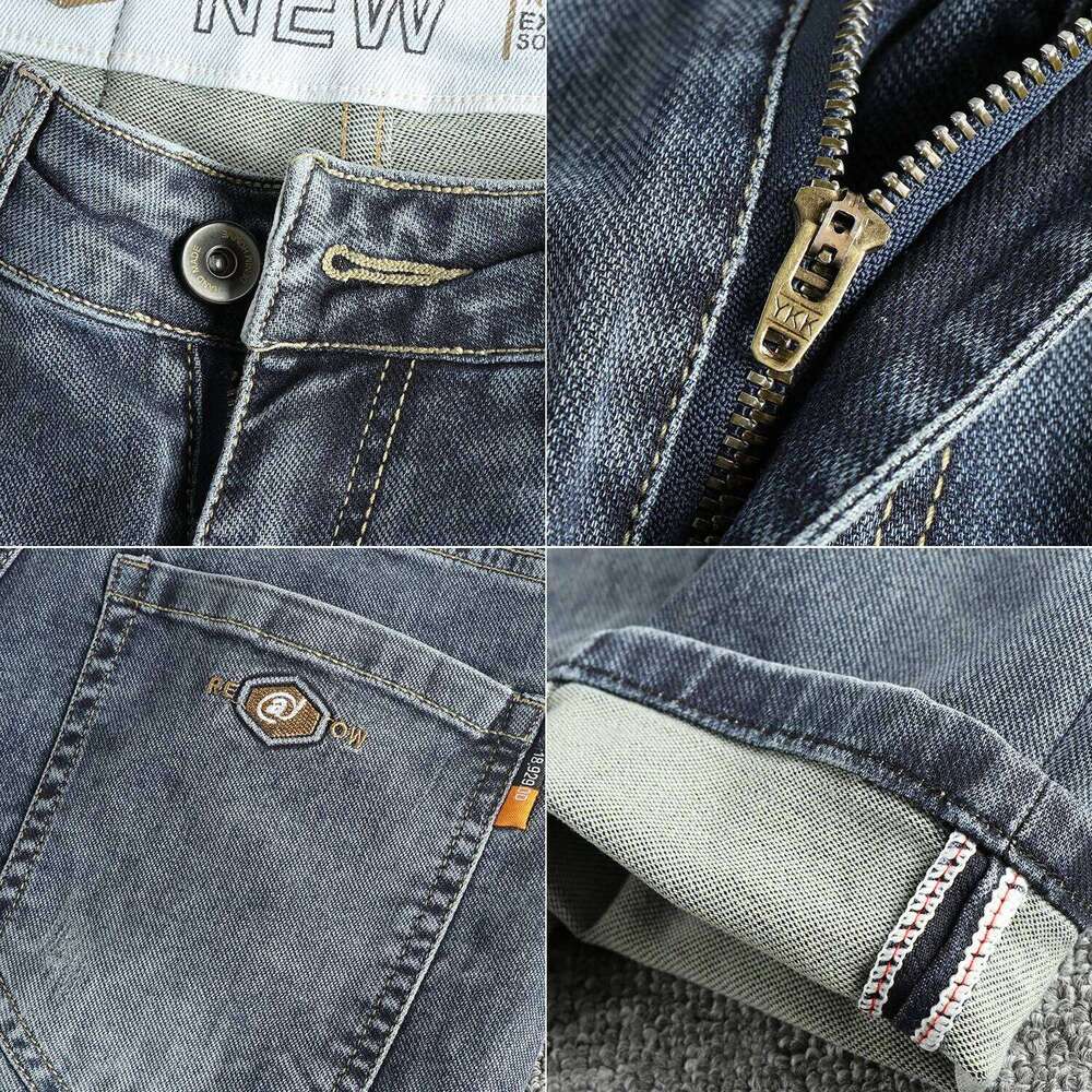 Knitted fabric simple embroidery embellished vintage jeans men slim feet spring summer youth long pants Z260225