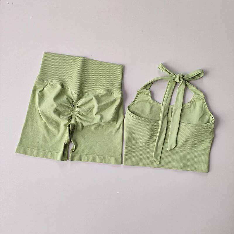 Peach Hip Lifting Neck Hanging Sports Shockproof Gathering Bra Quick Drying Short Set Gym Fitness Running Yoga Suit 26H0311