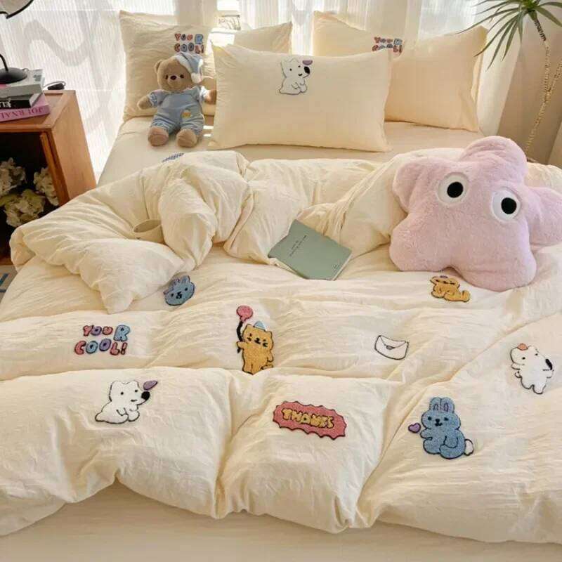 New washed cotton towel embroidery four-piece animal paradise sheet bed hat home student dormitory three-piece set H260311