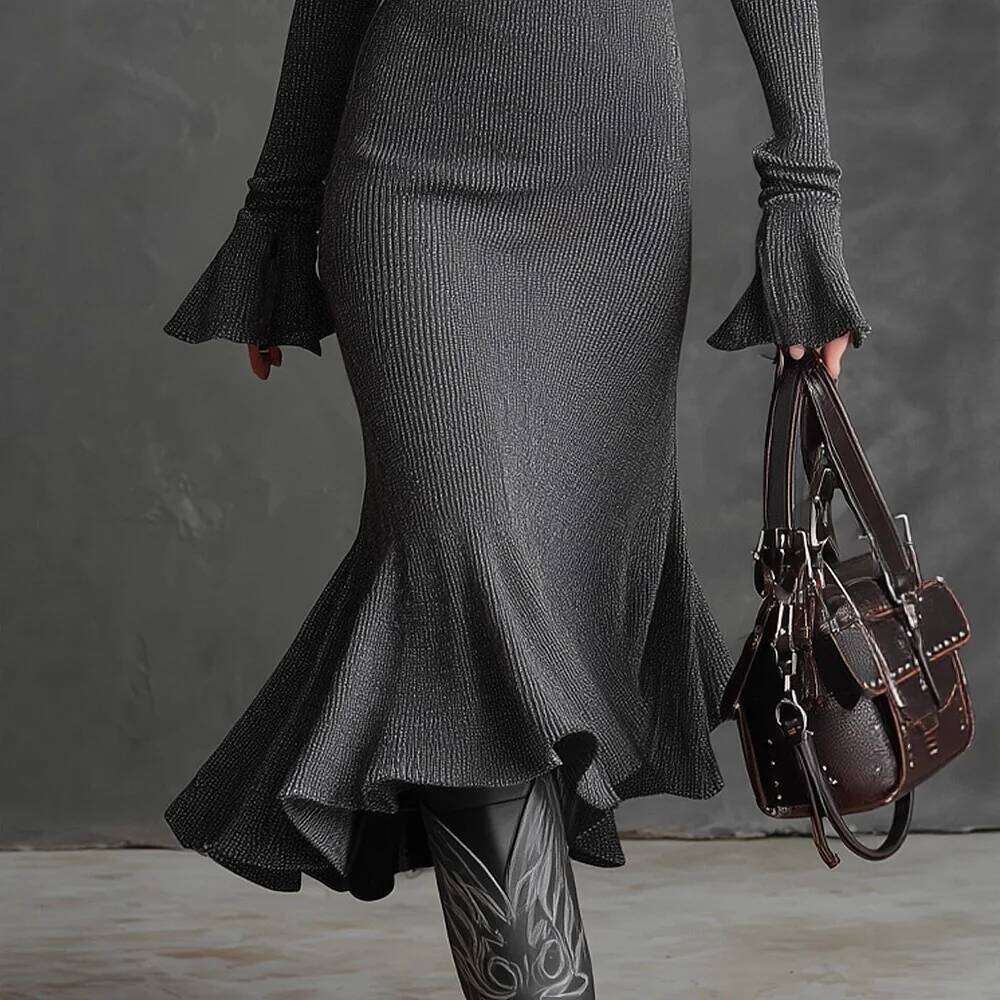 Vintage Slim Knitted Dresses For Women 2025 Autumn Winter Long Sleeve Turn-down Collar Bodycon Maxi Dress Elegant Z260311