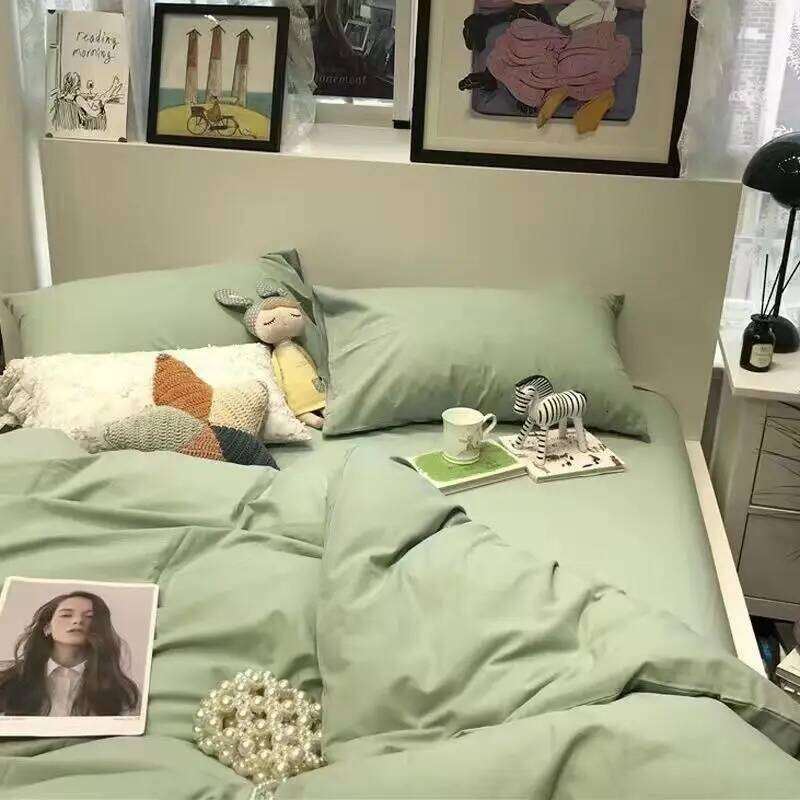 Solid Grey Matcha Color Bedding Adults Kids Twin Full Queen Size Flat Sheet Duvet Cover Set Pillowcases Simple Bed Linen H260311