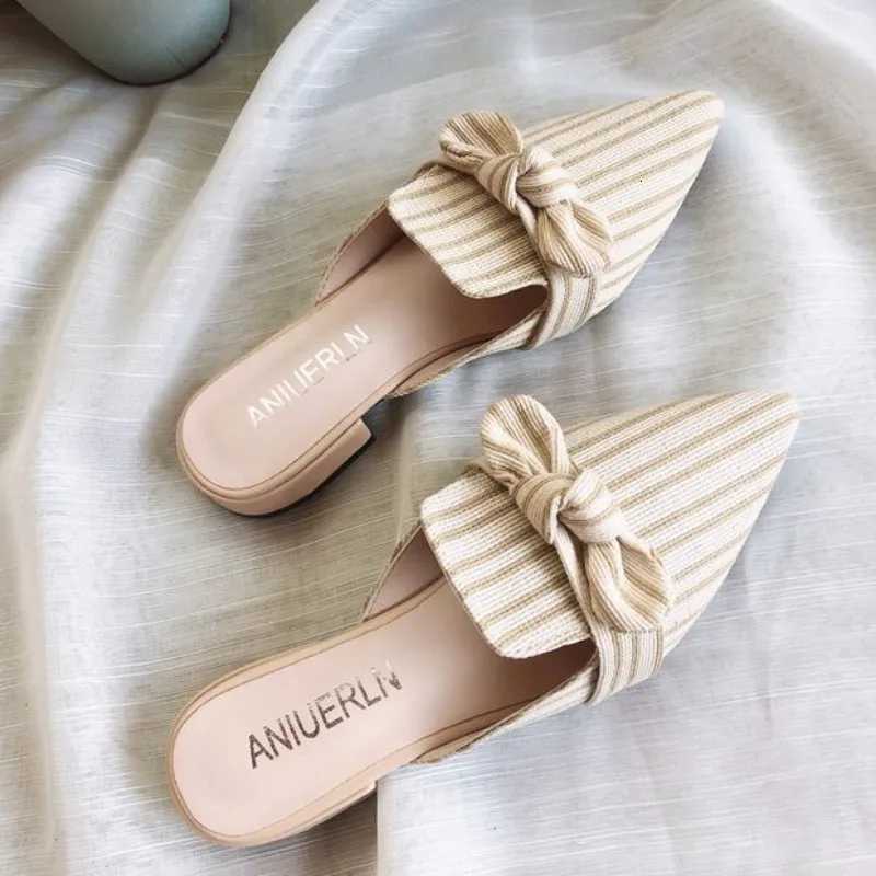 Shoes with Heel Mules Summer 2026Beige Slides Plaid Bow Womens and Ladies Sandals Job Natural Skin I New Fashion K260311