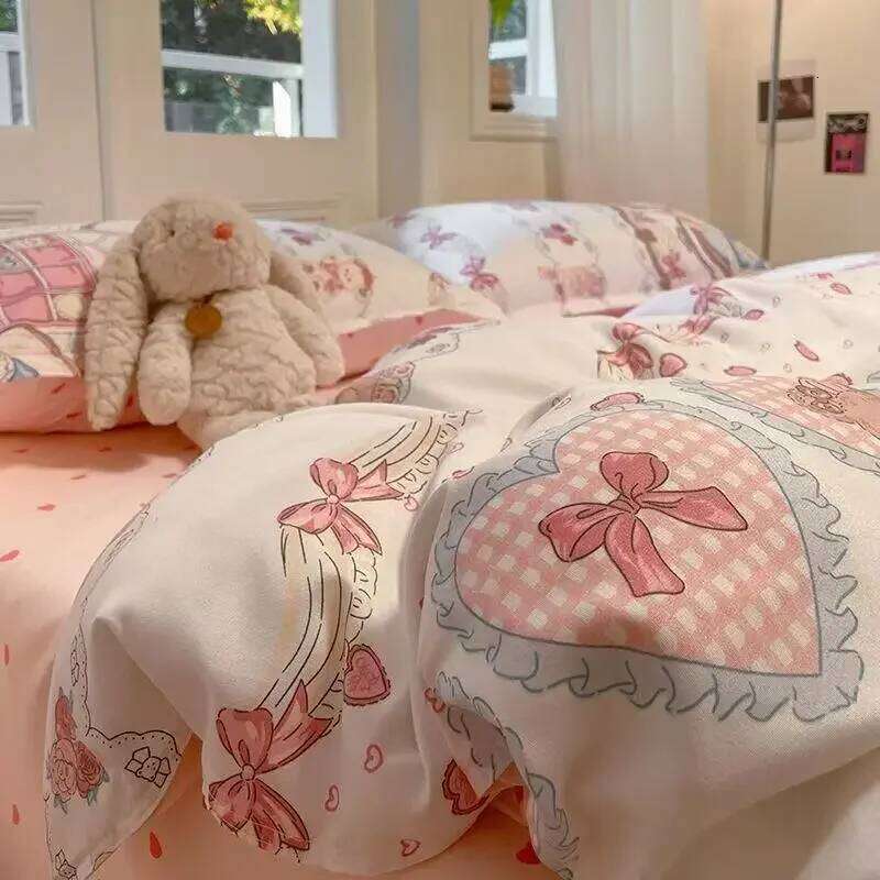 Ins Princess Pink Heart Duvet Pillowcase Bed Sheet Kids Girls Bedding Set Queen Twin Cute Kawaii Quilt Cover No Filler H260311