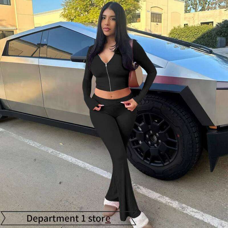 Sexydr Faionable Long Sve Hooded Top Flared Pants Zipper Closure Outfit Polyester Material Spring 2025 Collection 26H0311