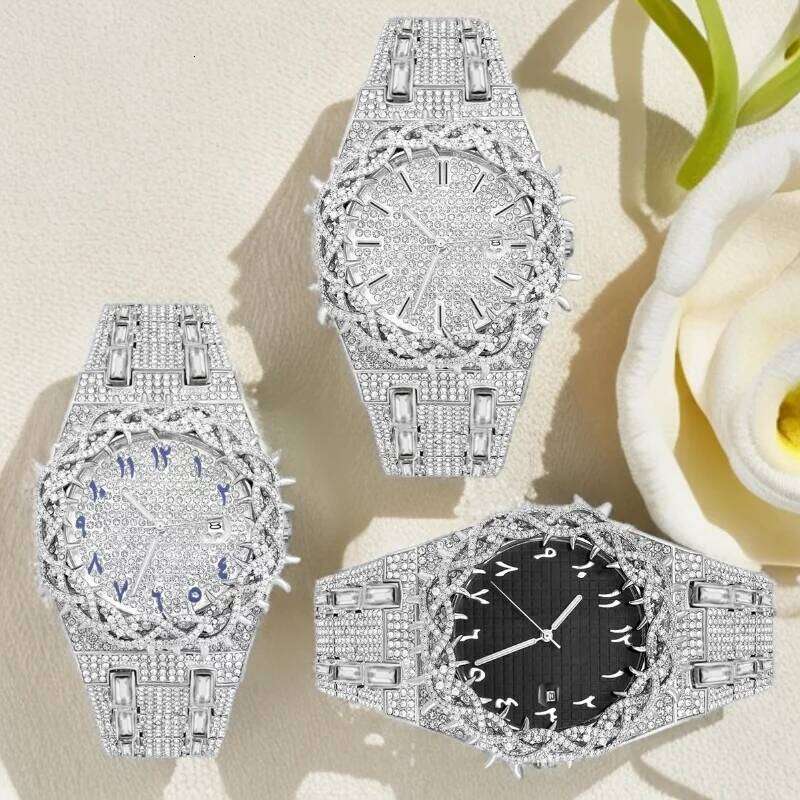PINTIME Hot Fashion Full Diamond Watches Men Brand Hip Hop lced Qut Bling Jewelry Flower Quartz Wristwatch For Man Dropshipping