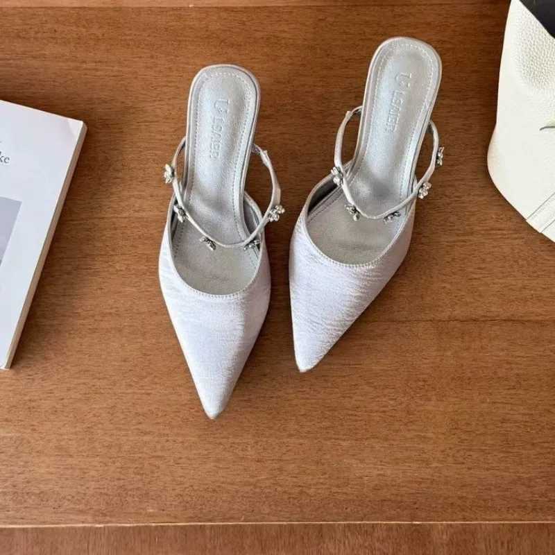High Quality Satin Heels Women Fashion String Bead Sexy Pointed Slide Sandals Elegant Office Designer Shoes Mule Pumps K260311