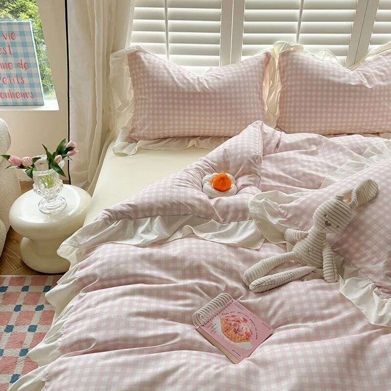 3pcs Korean lace Duvet 1*Duvet Cover + 2*Pillowcase, Without Core, Pink checkered print Bedding Set H260311