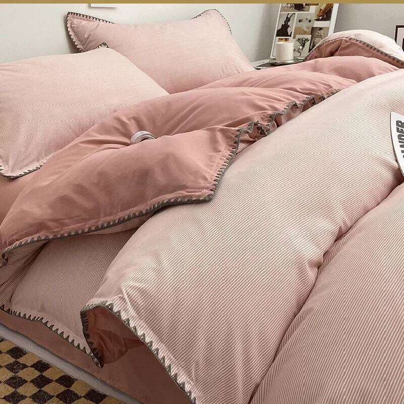 Ins Style Double Striped Bed 3-4 Pces Solid Washed Cotton Bedding with Sheets Pillowcases Skin Friendly Breathable Duvet Cover H260311