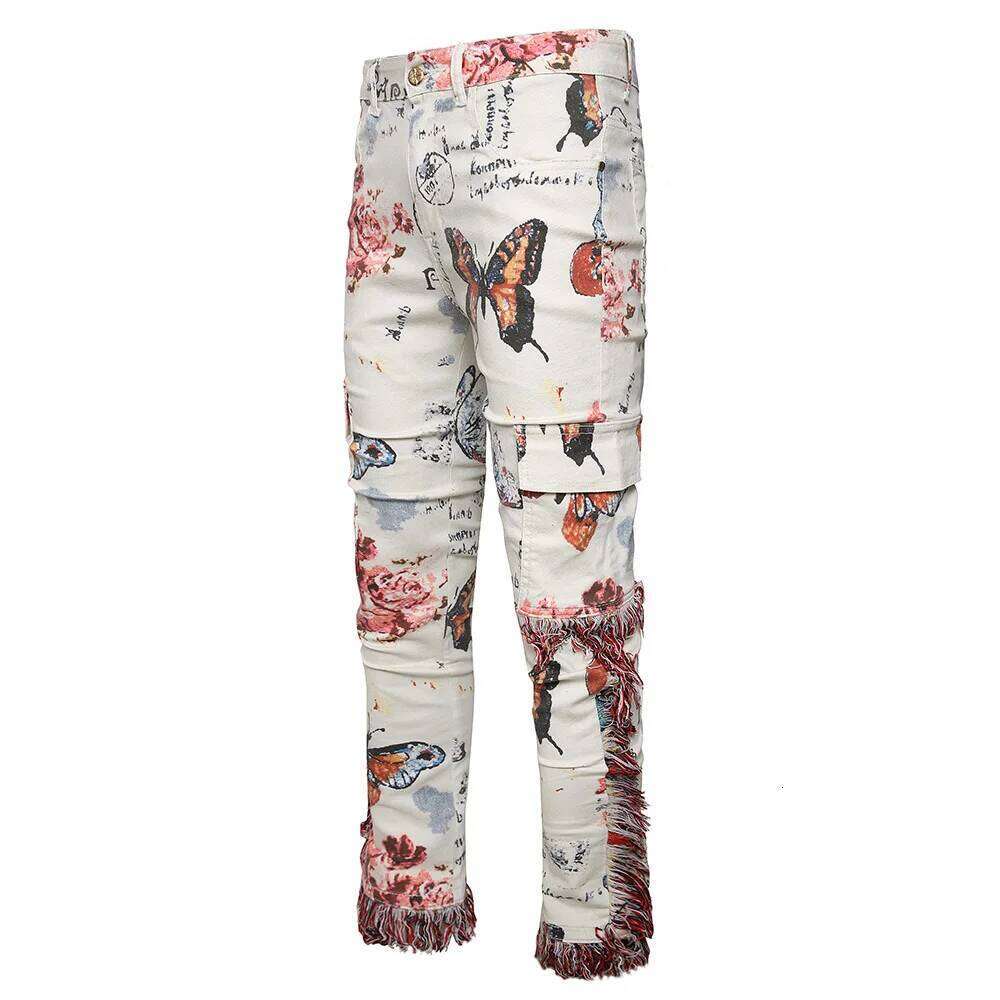 Men Butterfly Print Denim Jeans Flower Pattern White Stretch Cotton Slim Pants Tassels Multi Pockets Cargo Trousers Good Quality Z260225