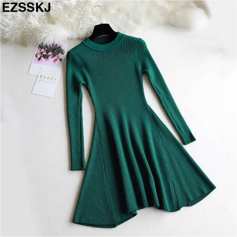 CHIc Autumn Winter blaCK Sweater Dress Women o-neCK Long Sleeve A Line THiCK Knit mini Dress female short bodycon dress M260311