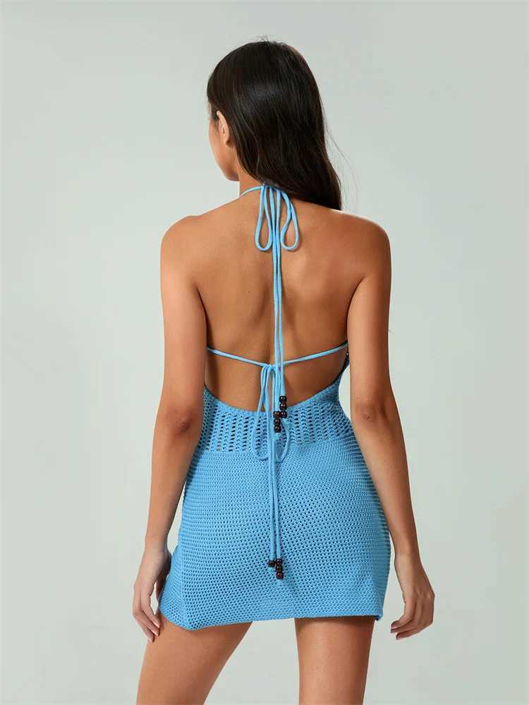 Women Backless Halter Mini Dress Casual Summer Knit Crochet Cutout Bodycon Party Dress for Beach Club Streetwear M260311