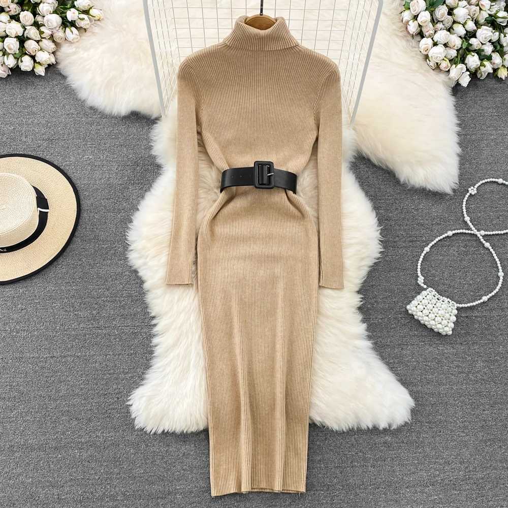 REALEFT Autumn Winter 2025 New Turtleneck Womens Knitted Dresses with Belted Long Sleeve Elegant Bodycon Wrap Dress Female M260311