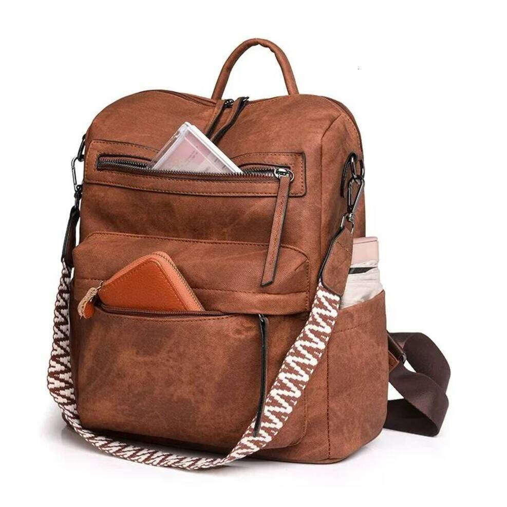 OLOEY Women's Waterproof And Anti-Theft PU Leather Large Capacity Retro Travel College Style Laptop Backpack Shoulder Bag Handbag