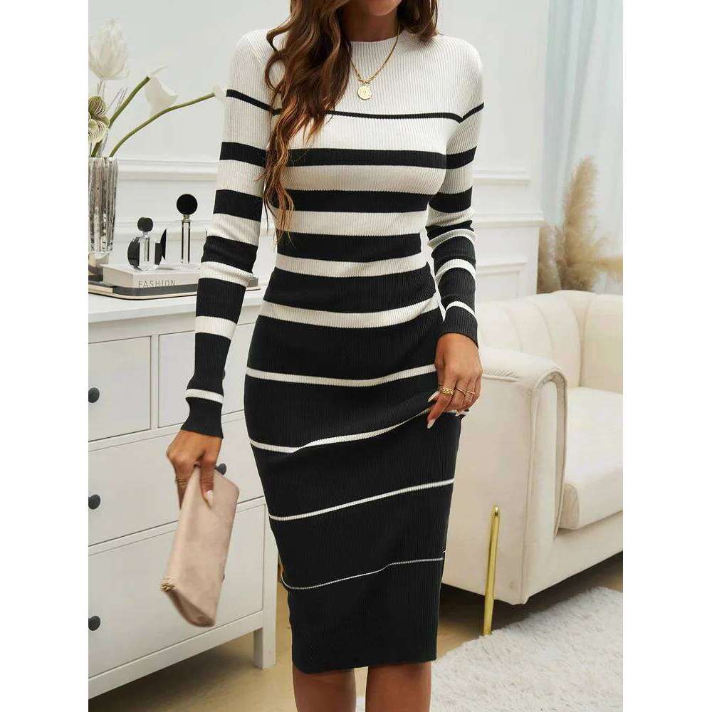 Office Ladies Knitted Elegant Striped Print Slim Long-sleeved Dress 2025 Autumn Winter Fashion New Z260311