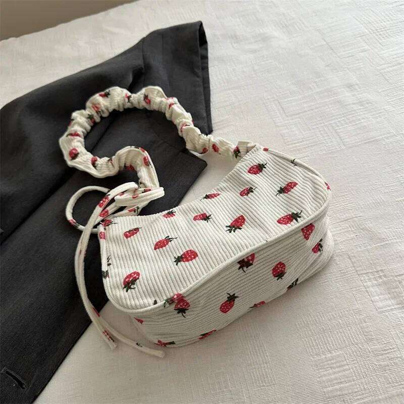 Women Small Underarm Bag Corduroy Handbag Cute Strawberry Print Little Tote Half Moon Design Eco Cloth Purse Mini Shoulder Bags XJ260311