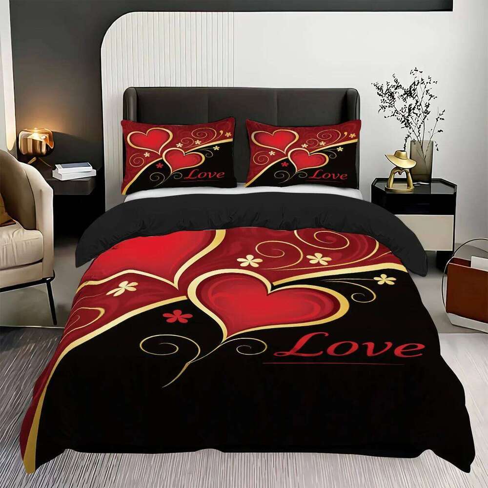 3pcs 1 duvet cover, 2 pillowcases, coreless, black and red Valentine's Day heart, Love design printed pattern bedding set H260311