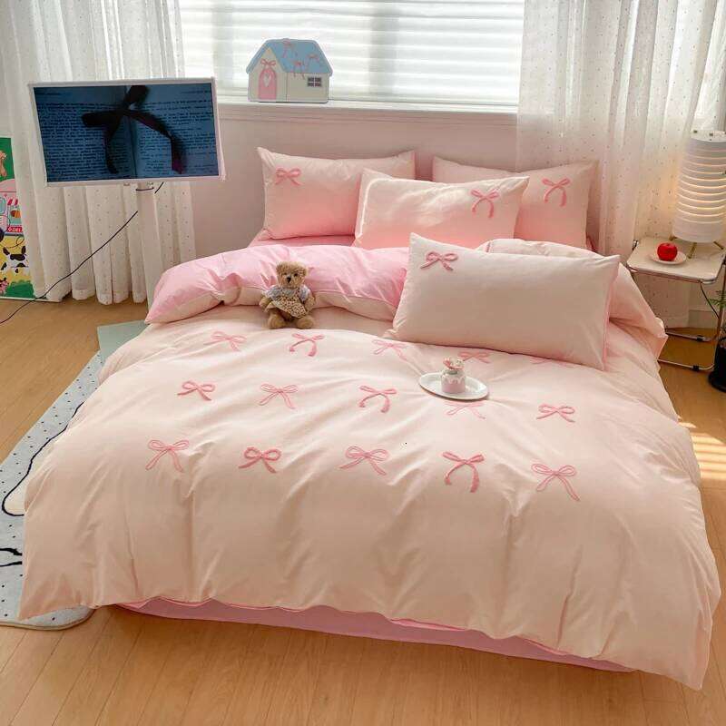 3 Piece Sheet Pink Bowknot Quilt Set, Comfortable Embroidery Bedding Set Bedspread for All Seasons H260311