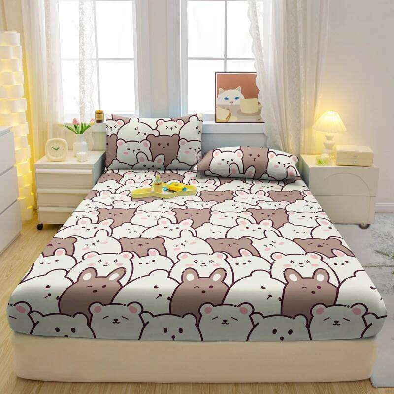 3-piece cartoon fun bear pattern matte three piece fitted sheet bedroom printed bed cover set, bedding H260311