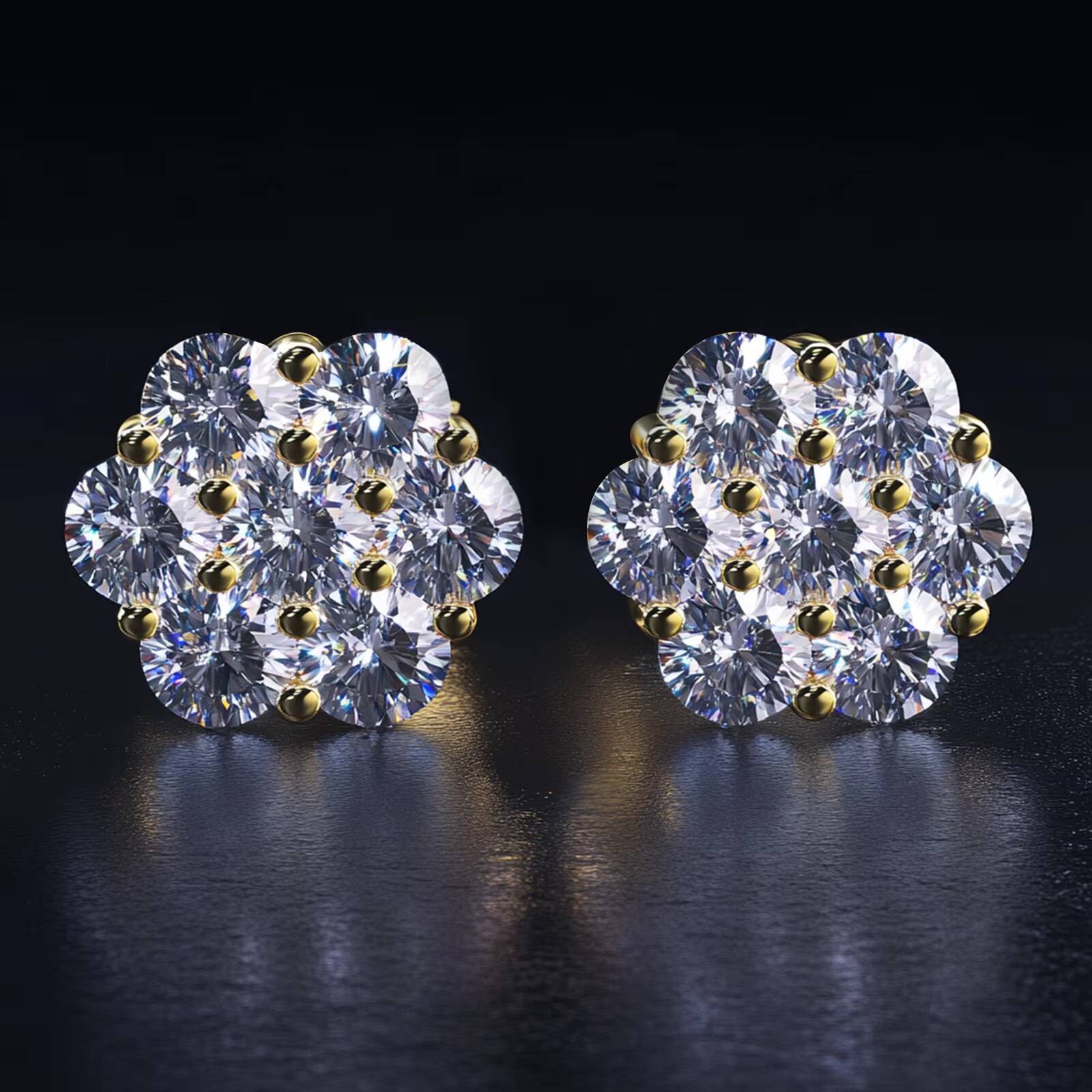14K White Gold Plated 925 Sterling Silver Women Men Iced Out Round Flower Cluster Hypoallergenic Hip Hop Moissanite Stud Earring
