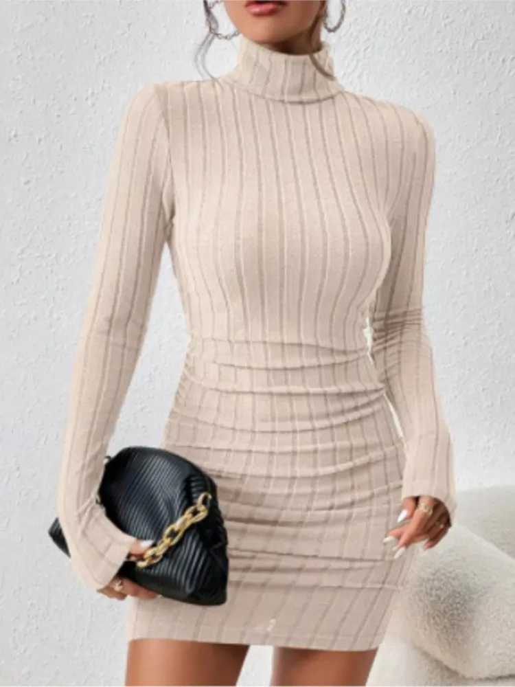 New Solid Dresses Autumn Winter Women Long Sleeves Turtleneck Sexy Bodycon Sheath Mini Dress Club Elegant Party Knitted Dresses a04 M260311