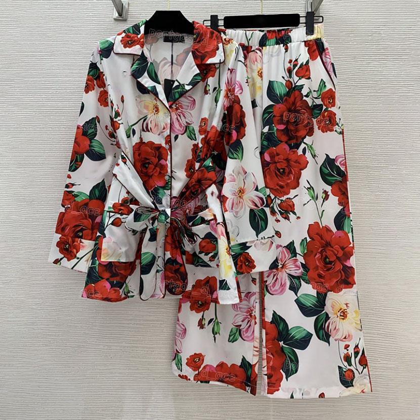 Vintage Letter Floral Blouse Shirt Pants Set Women Summer Autumn Long Sleeve Sleepwear Designer Elegant Home Clothing