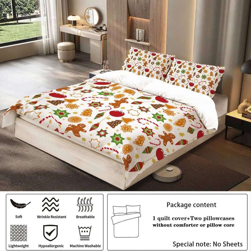 3-piece Christmas Cute Gingerbread Man Pattern Print 1 duvet cover+2 pillowcases, no core Comfortable Bedding Set H260311